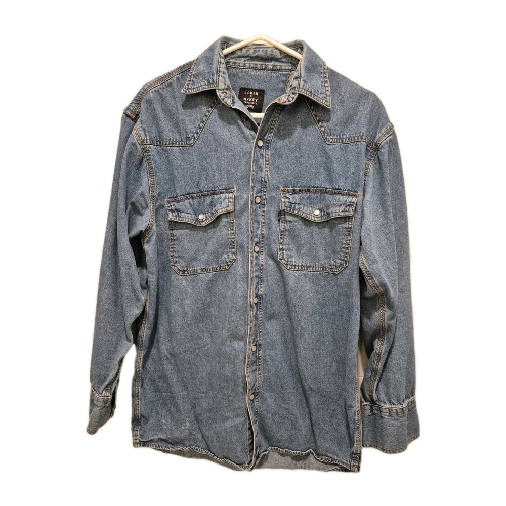 Lakin McKey Denim Western Shirt Pearl Snaps Men Medium Cotton Long Sleeves
